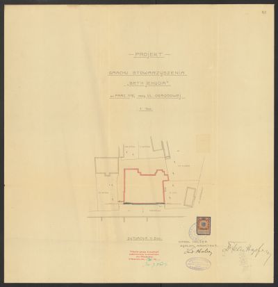 "PROJEKT GMACHU STOWARZYSZENIA BETH JEHUDA NA PARC. 105/1 PRZY UL. OGRODOWEJ" autorstwa Ludwika i Karola Holzerów z 1911 roku. Plan sytuacyjny. Zbiory Archiwum Państwowego w Rzeszowie